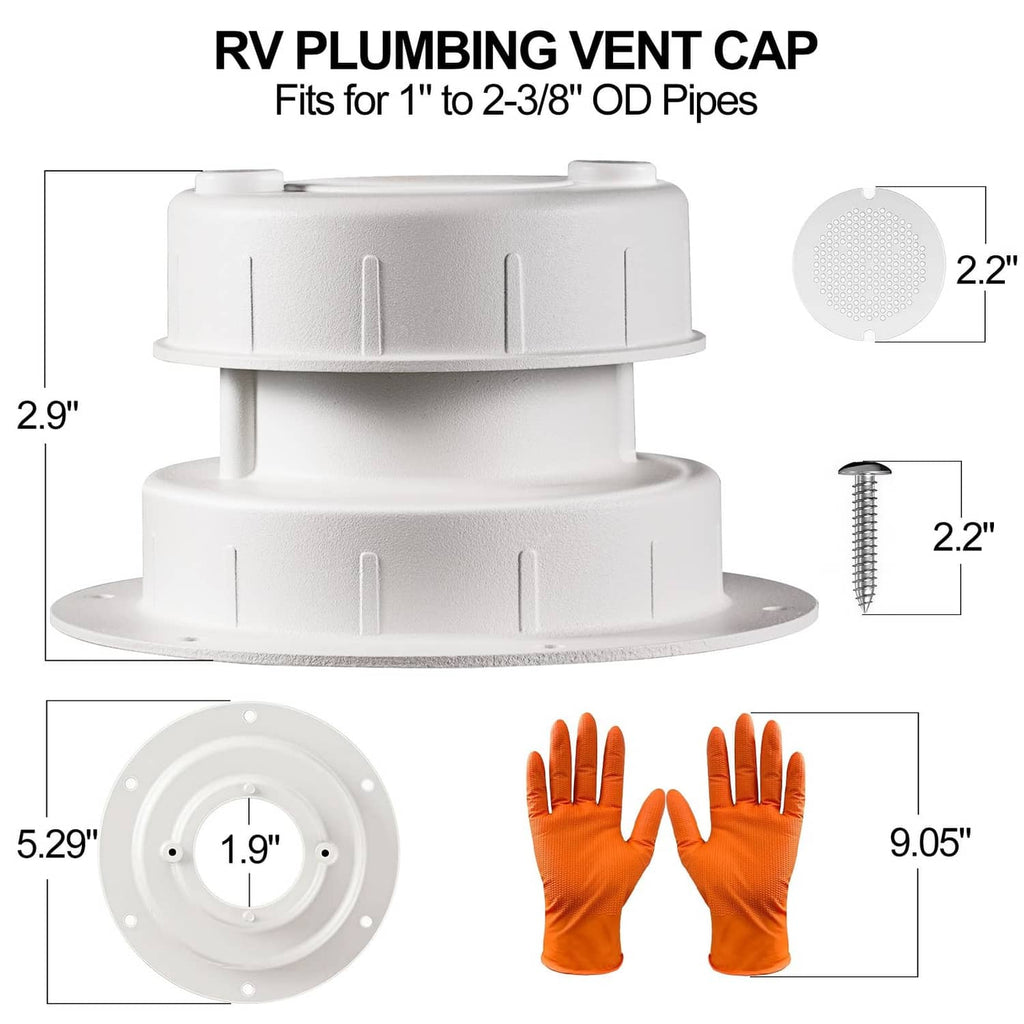 White RV plumbing vent cap with layered base and vent opening, sizing diagram