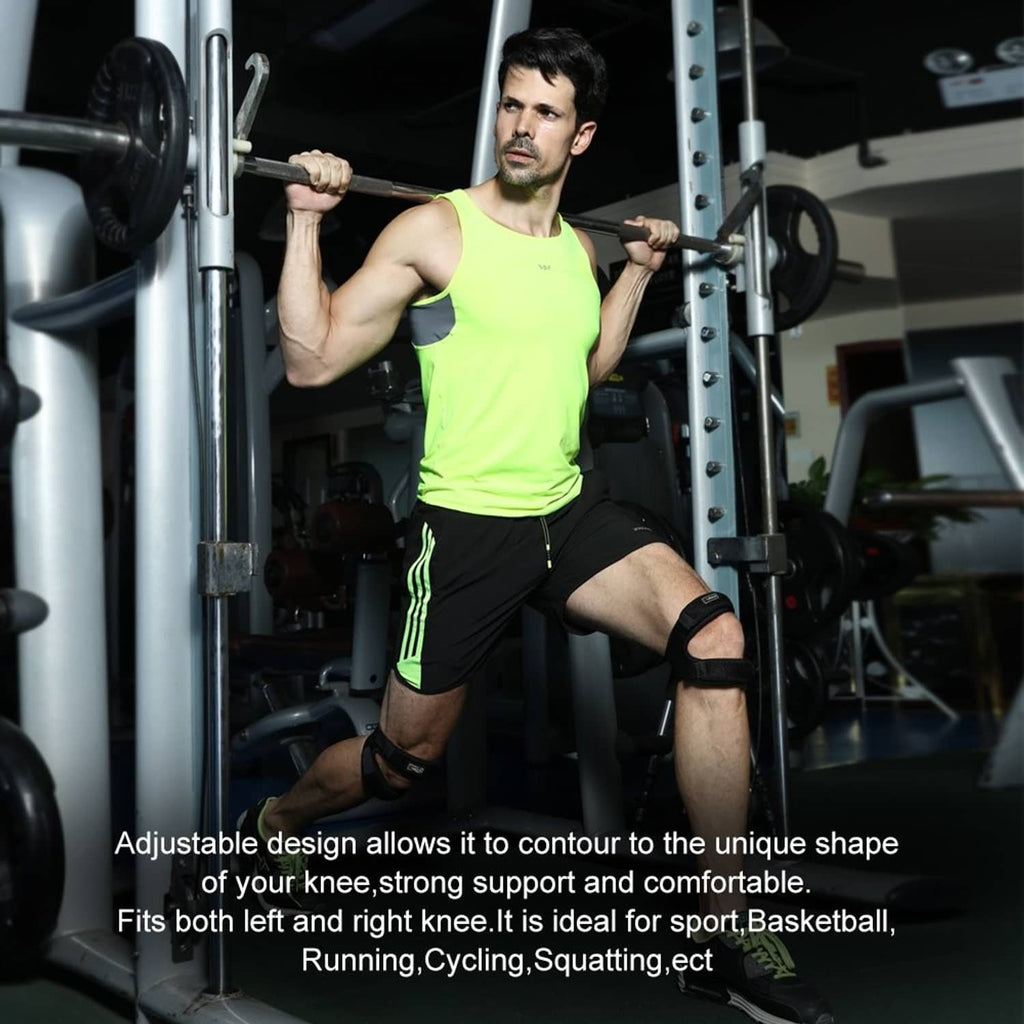 Black dual patella knee strap with teal support worn on one knee during training