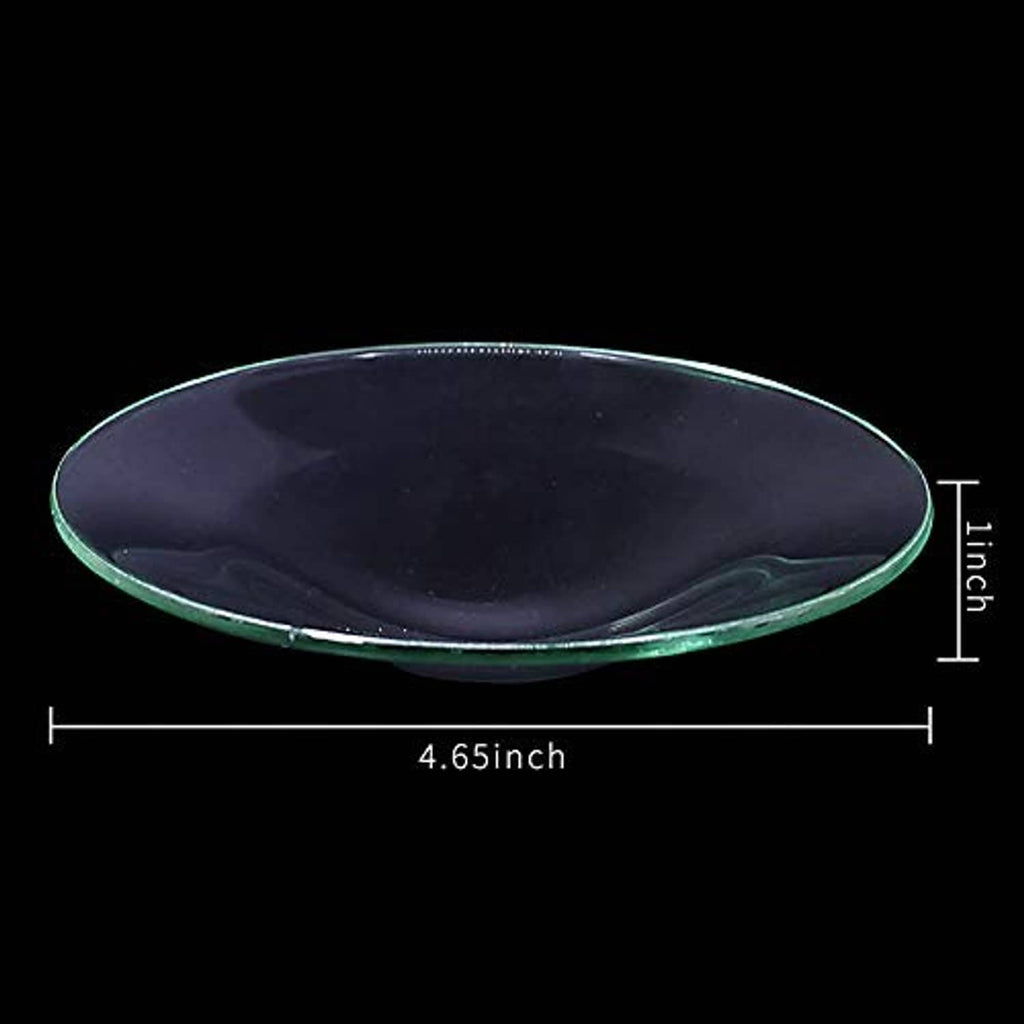 Round clear glass dish liner with green rim, measured size