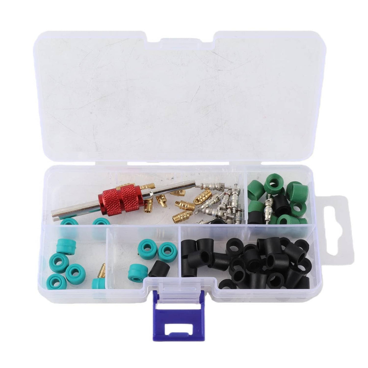 HVAC hose gasket repair kit in clear case with red, green, and black gasket seals
