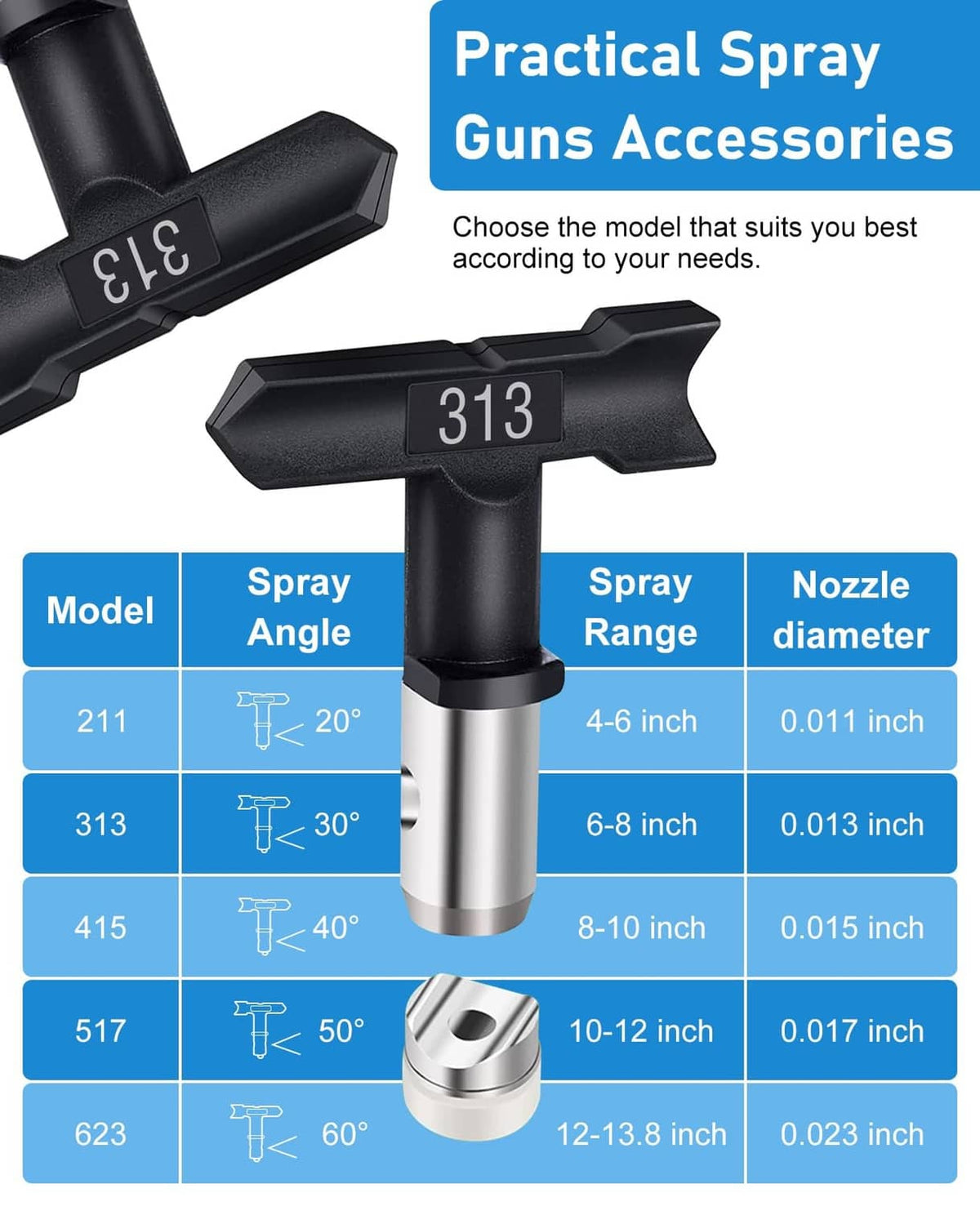 Black 313 airless spray nozzle tip with silver metal insert and underside opening
