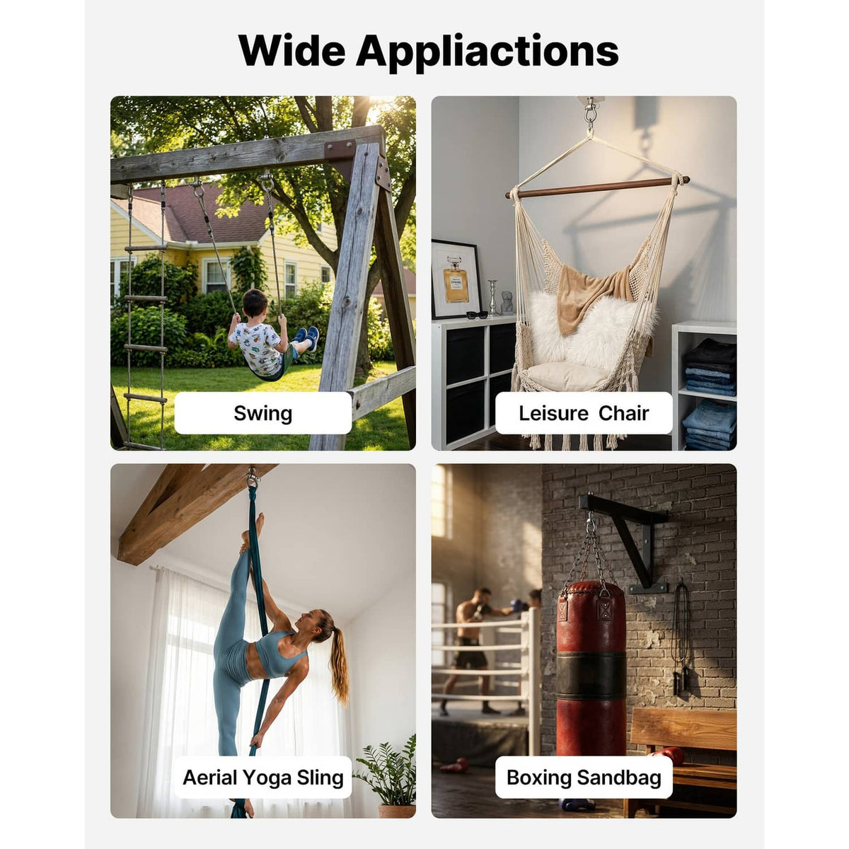 Swing bracket set shown for multiple uses, including swing, chair, and boxing bag hanging