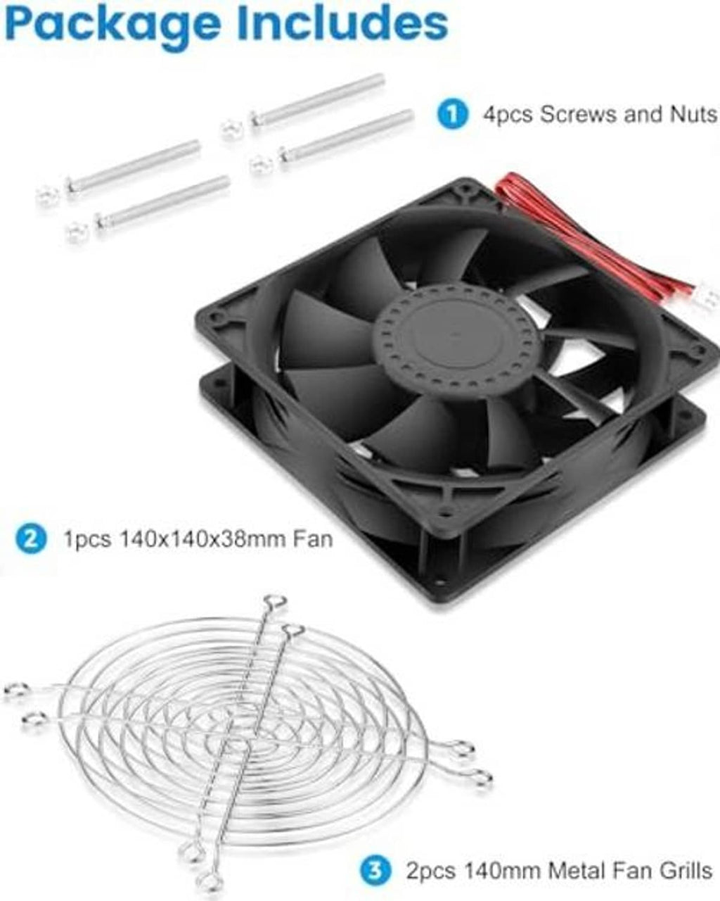 Package includes black fan, screws and nuts, red wires, and two metal fan grilles
