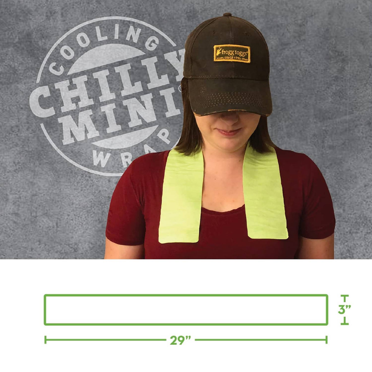 Lime cooling towel worn as a neck wrap, visible logo on towel corner