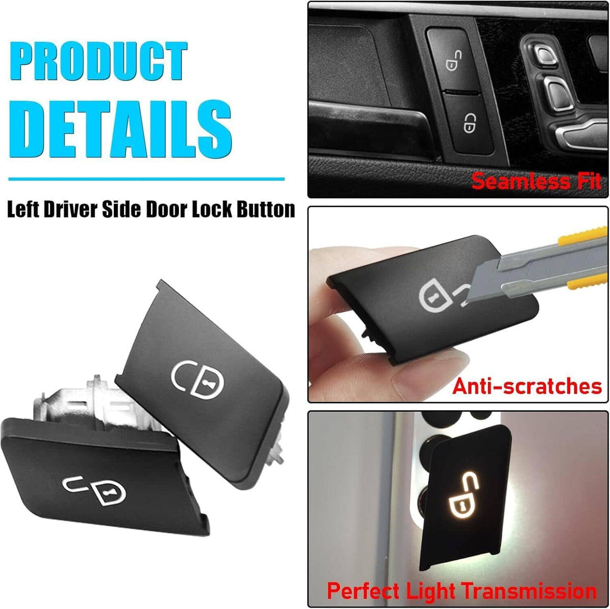 Black left driver-side door lock switch button with lock/unlock icons and clips