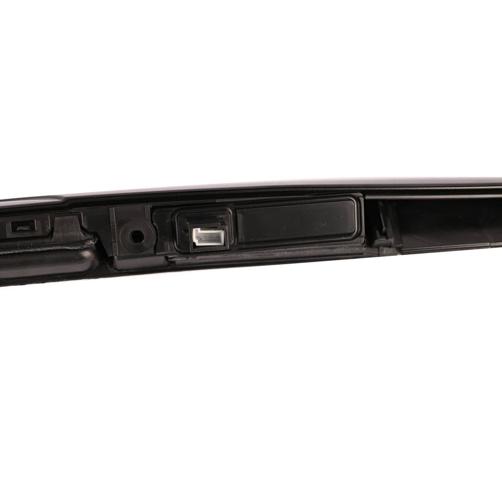 Black tailgate grip handle trim close-up of central light module and mounting slot