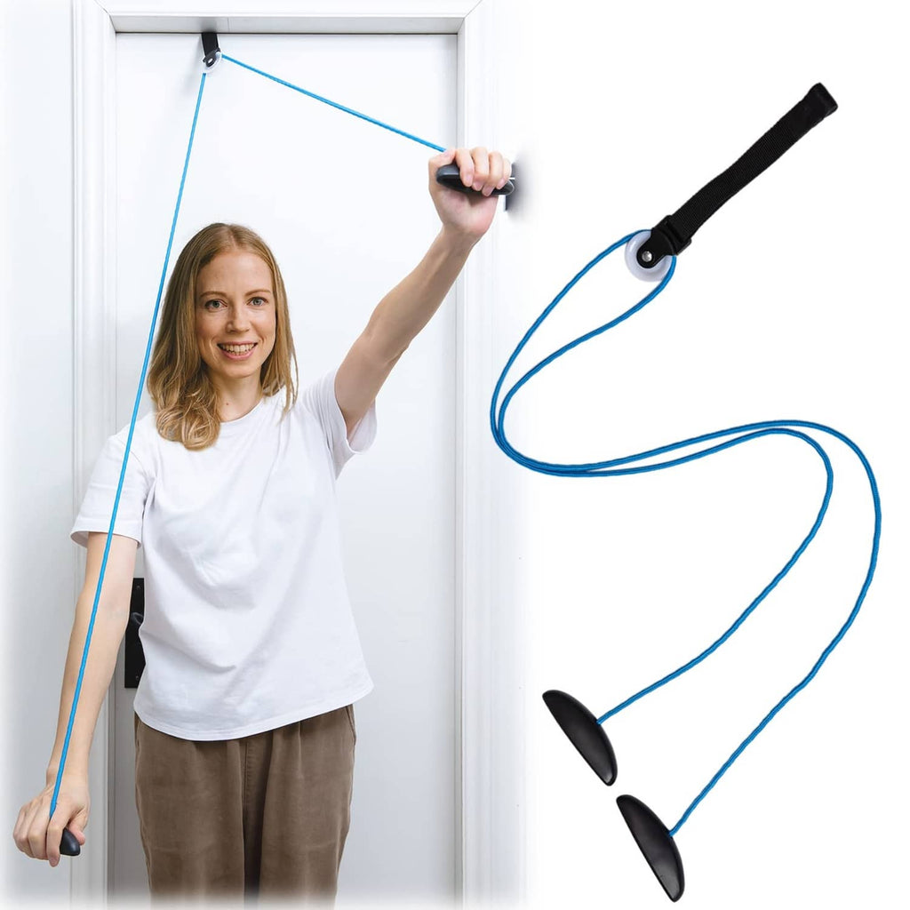 Blue over-the-door exercise pulley system with black handle and two black pulleys