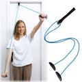 Blue over-the-door exercise pulley system with black handle and two black pulleys