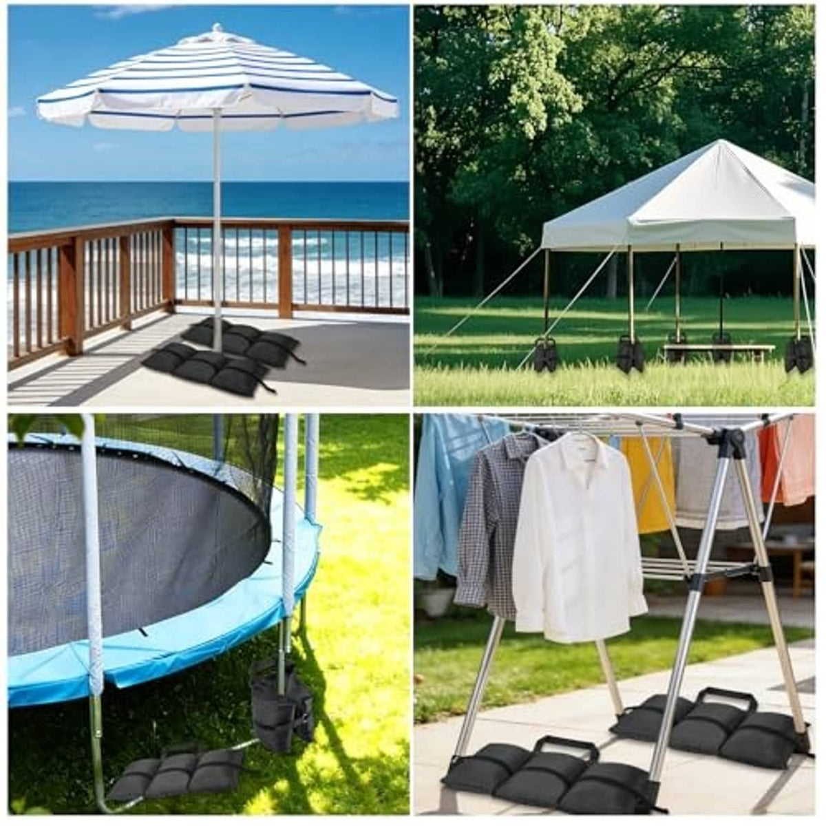 Black sandbags shown securing outdoor umbrella setups with strap fasteners
