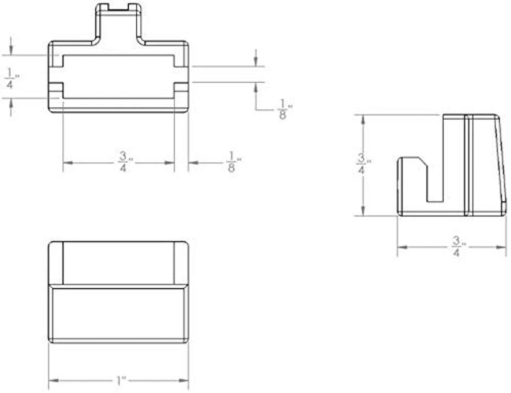 Line diagram of black hanging file rail clip with width and height measurements