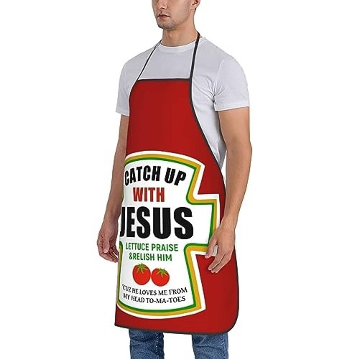 Red apron with Catch Up With Jesus logo, worn over a white T-shirt; black waist ties.