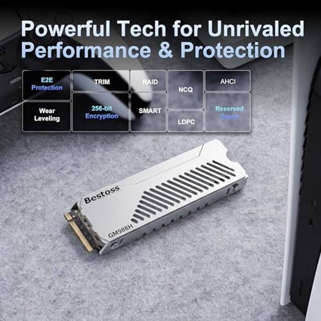 Silver Bestoss NVMe M.2 2280 SSD with vented heatsink and gold edge connector