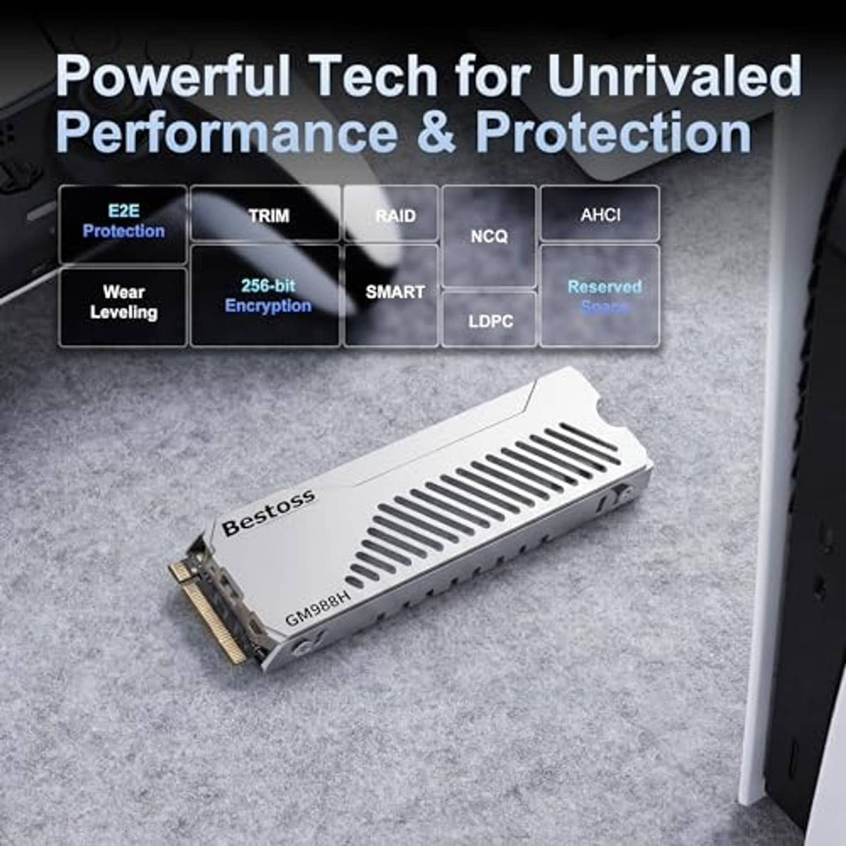 Silver Bestoss NVMe M.2 2280 SSD with vented heatsink and gold edge connector