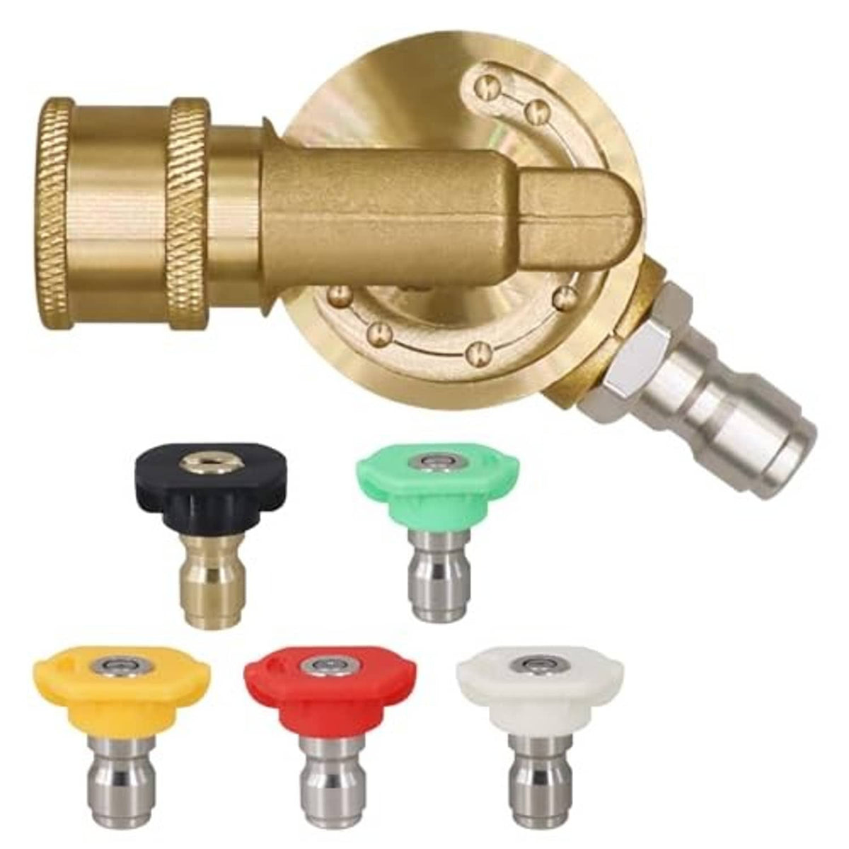 Brass pivoting quick-connect coupler with five colored nozzle caps: black, green, yellow, red, white