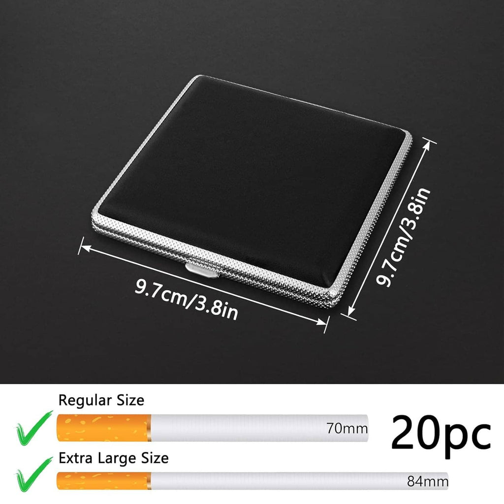 Slim black leather cigarette case with silver metal edge, compact rectangular profile