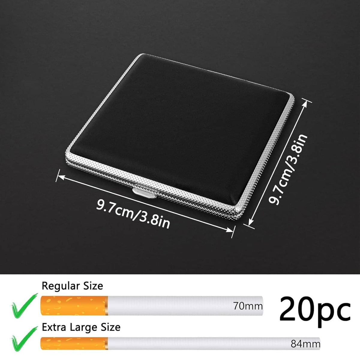 Slim black leather cigarette case with silver metal edge, compact rectangular profile