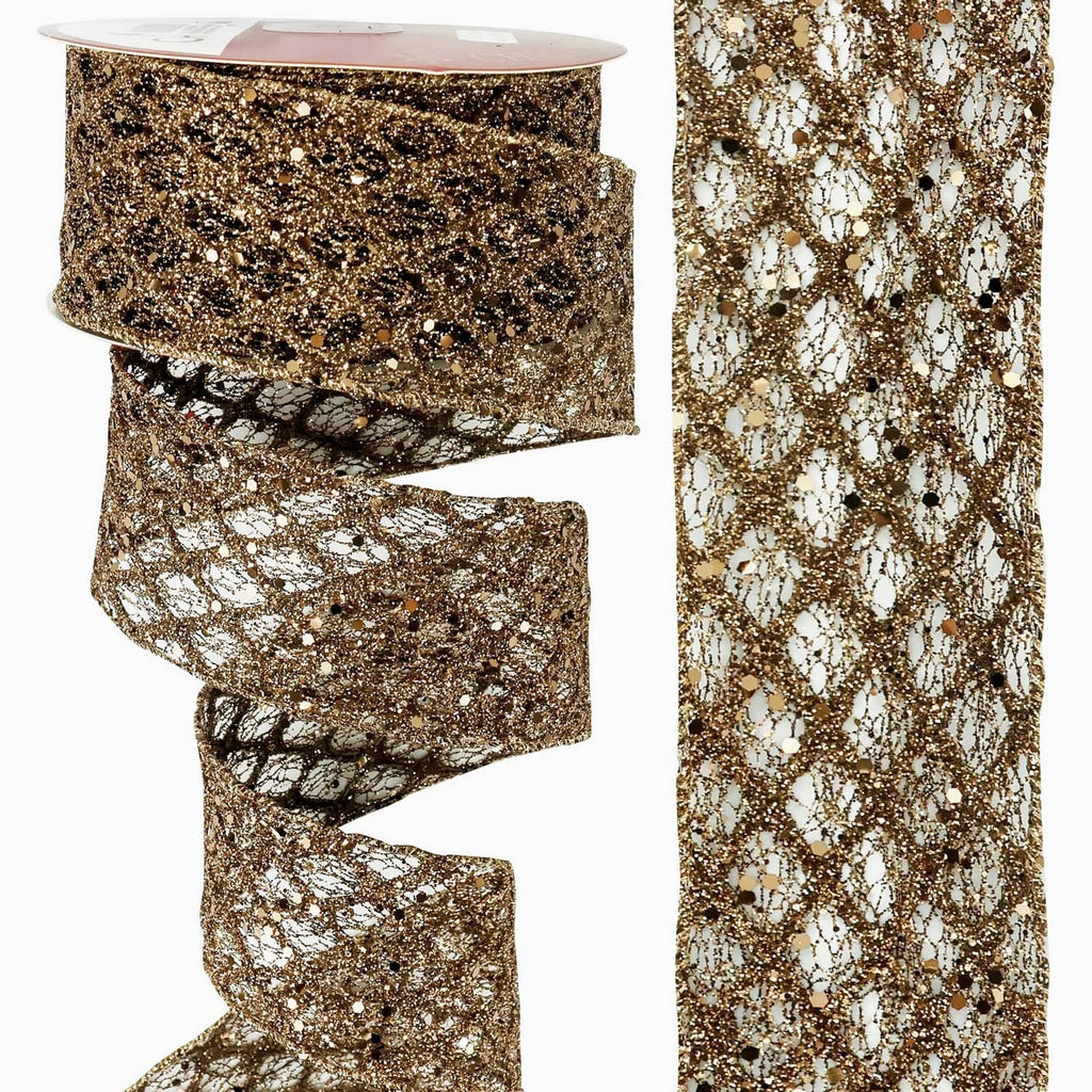 Brown glitter wired ribbon ribbon loops with netted sparkle pattern