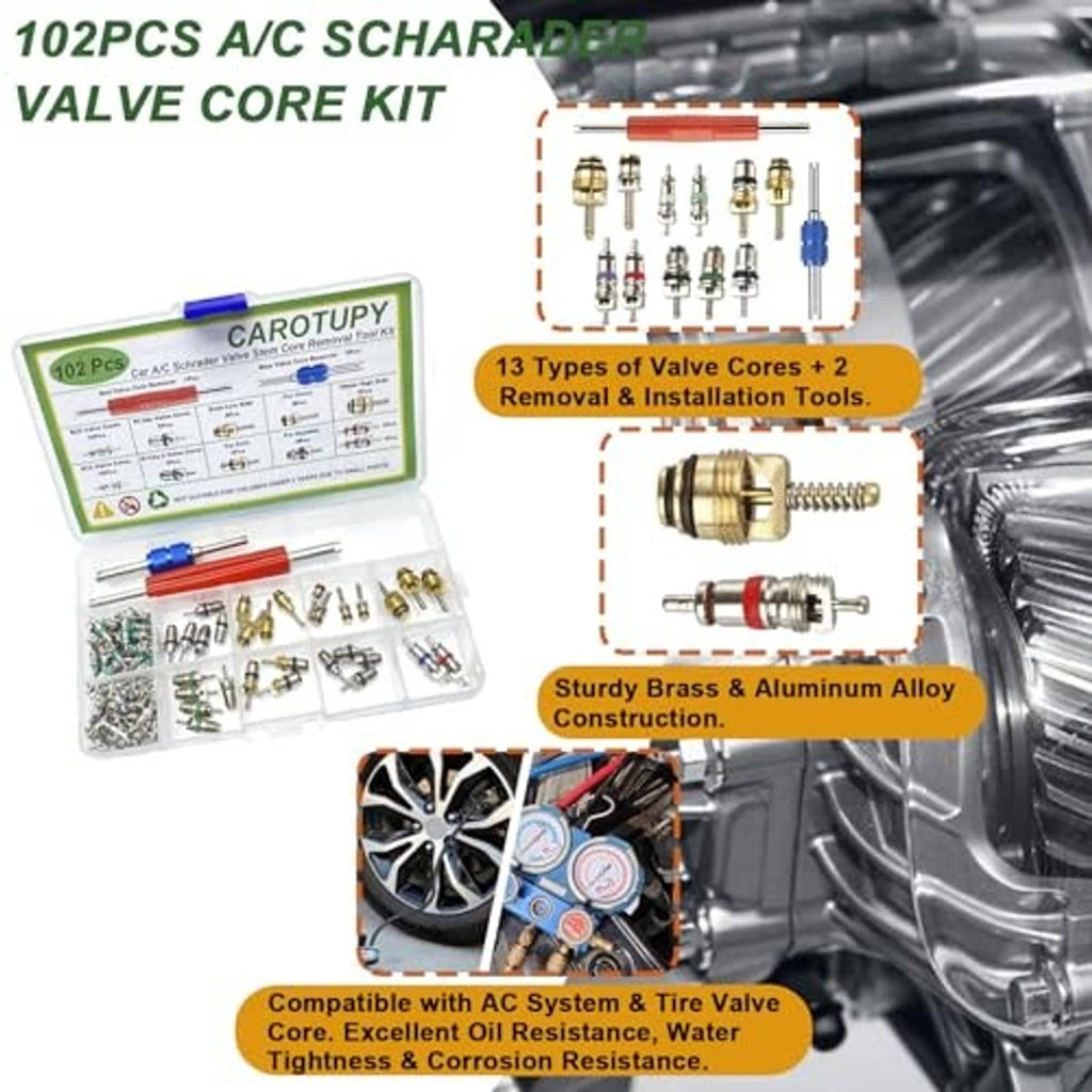 Car A/C Schrader valve core kit with brass valve cores and small installation tools