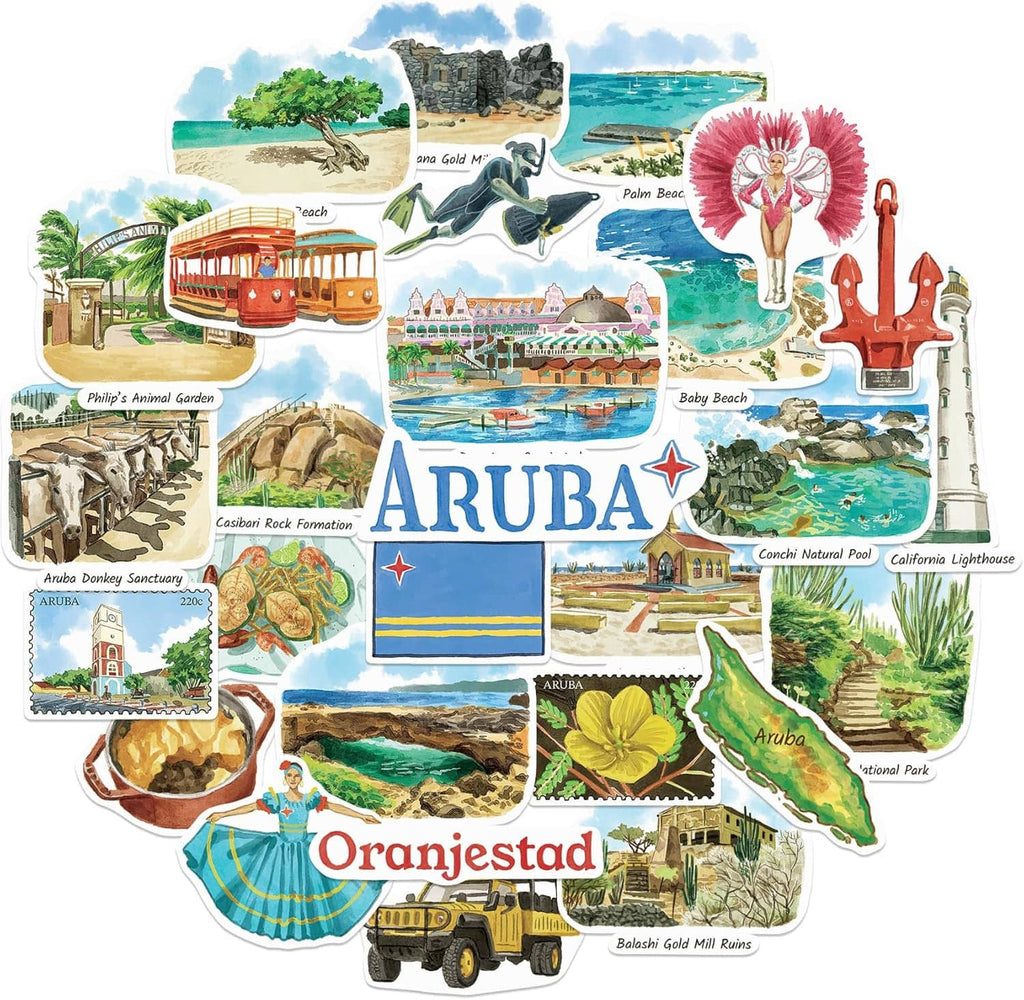 Watercolor Aruba sticker assortment with beach scenes, flag, and marine animal icons