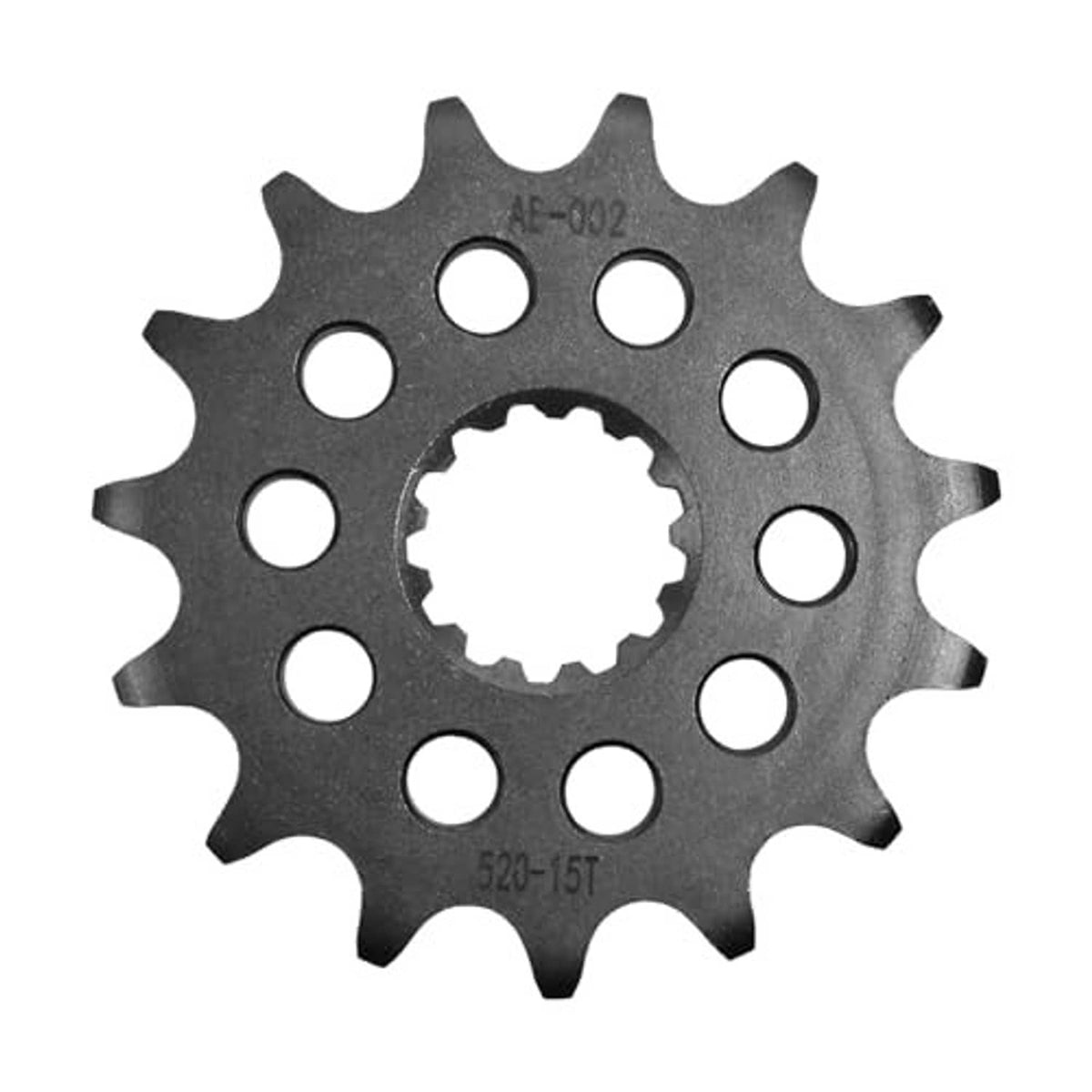 520 front sprocket gear in dark steel with round mounting holes and 15 teeth