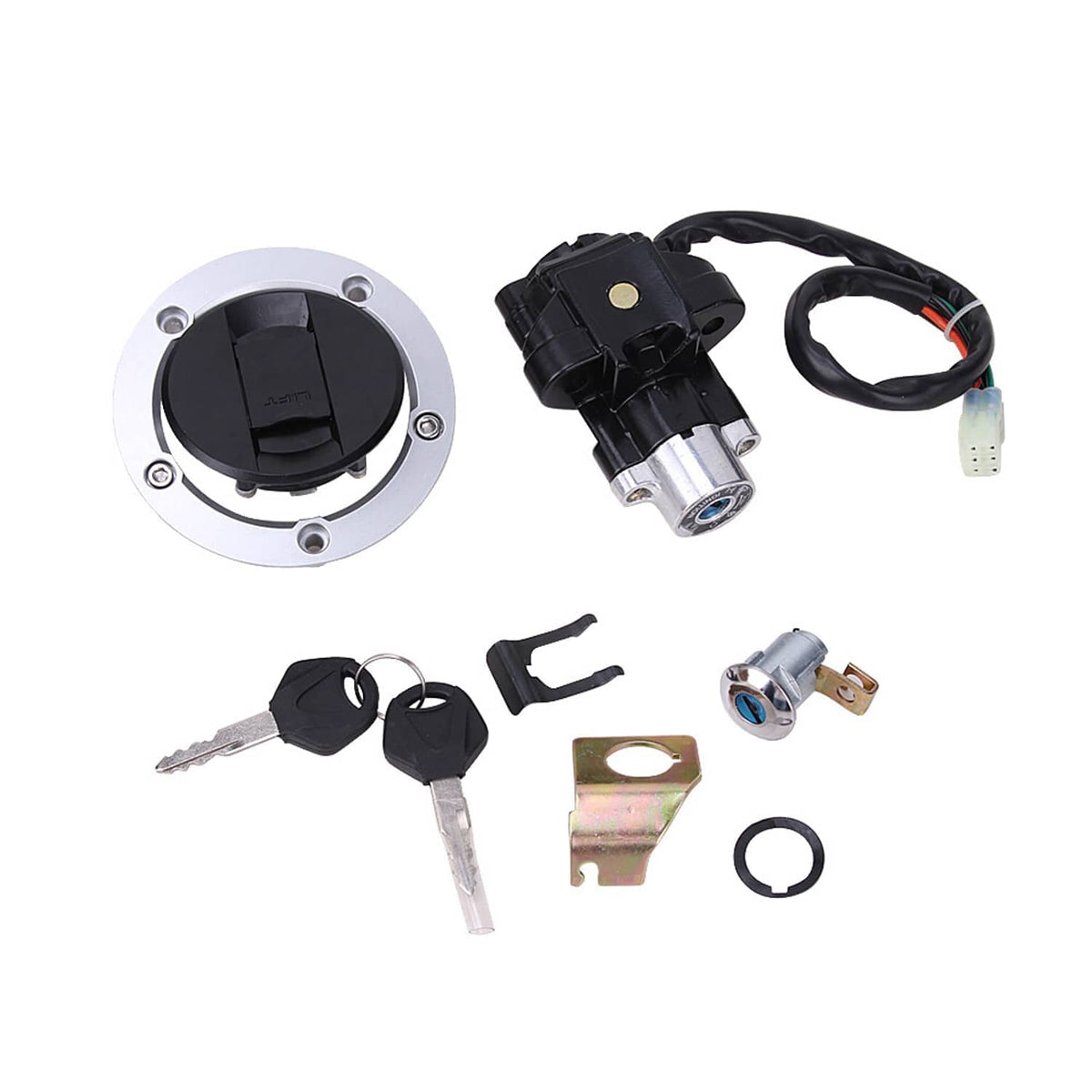 Fuel tank cap lock plate and ignition switch cylinder with two keys and mounting parts