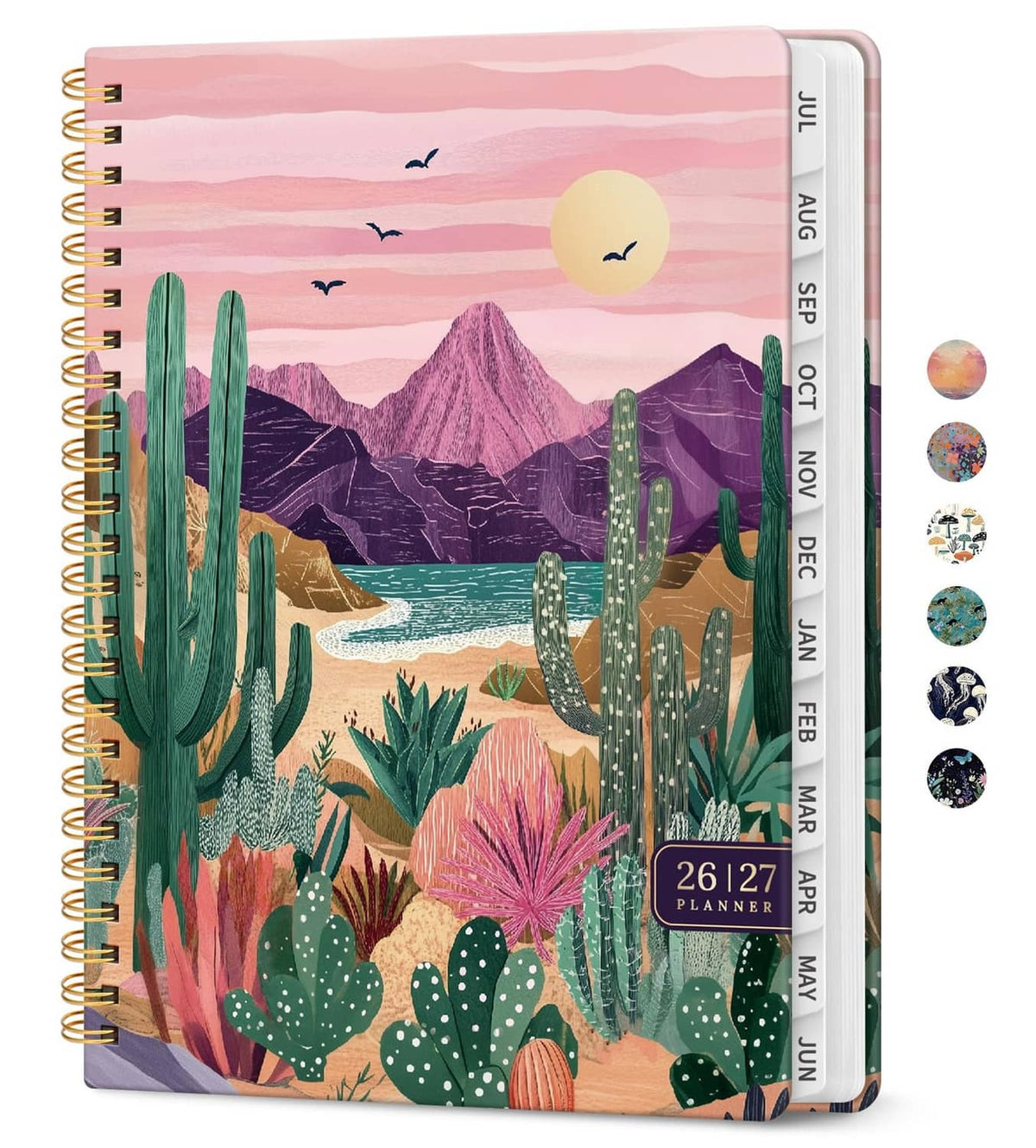 2026–2027 monthly planner with cactus desert landscape cover and gold spiral binding