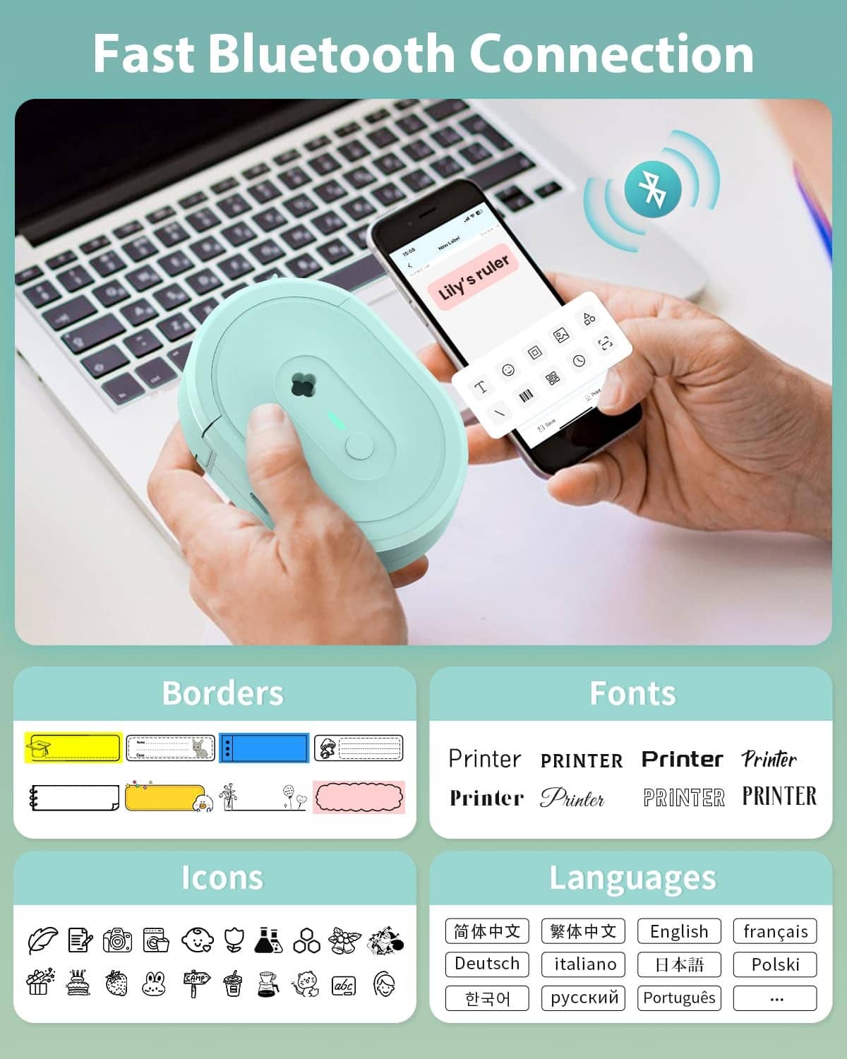 Label maker app screen showing fast Bluetooth connection, borders, fonts, icons, languages