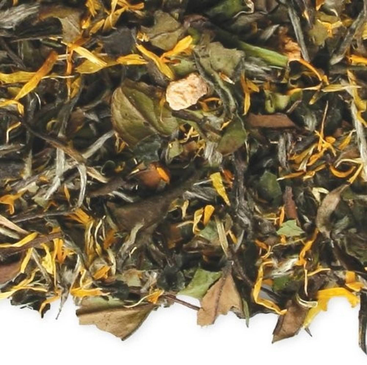 Close-up of loose leaf tea with green leaves, brown fragments, and orange peel