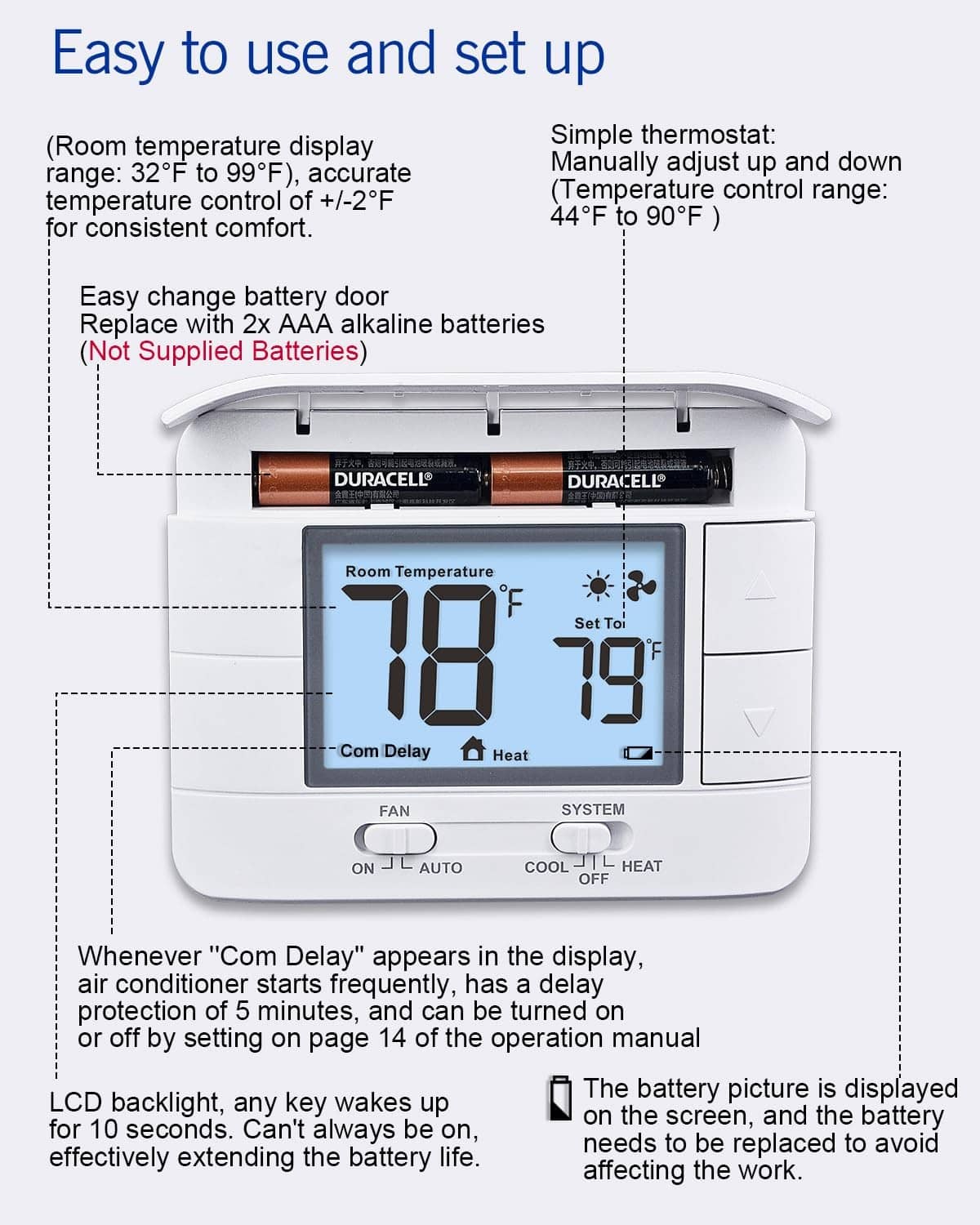 White thermostat front with blue LCD and battery compartment door shown