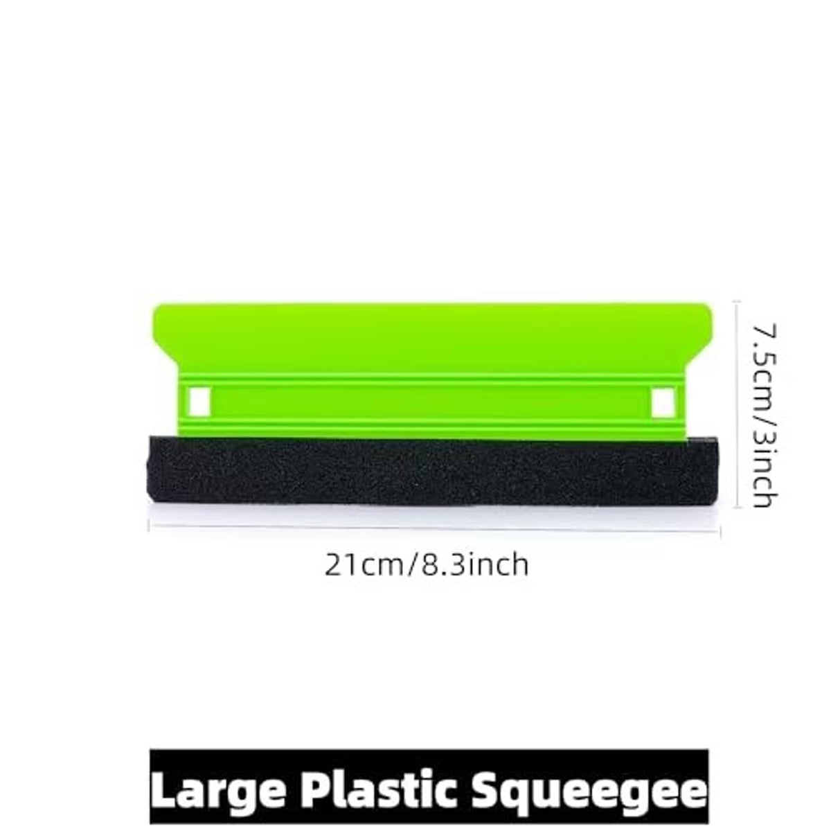 Neon green plastic squeegee with black felt edge pad, 8.3 in length