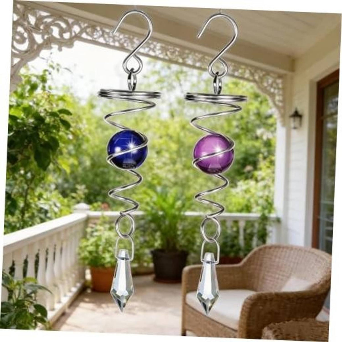Blue and purple stainless steel wind spinner set with hanging hook and clear crystal drop