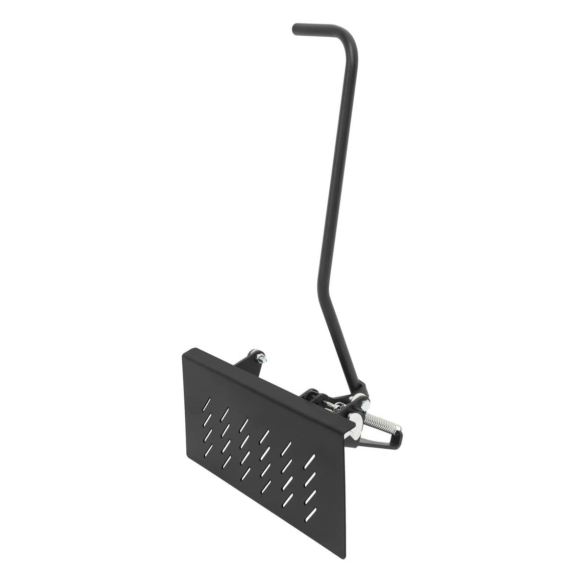 Black mower discharge shield with mounting bolts and vent slots