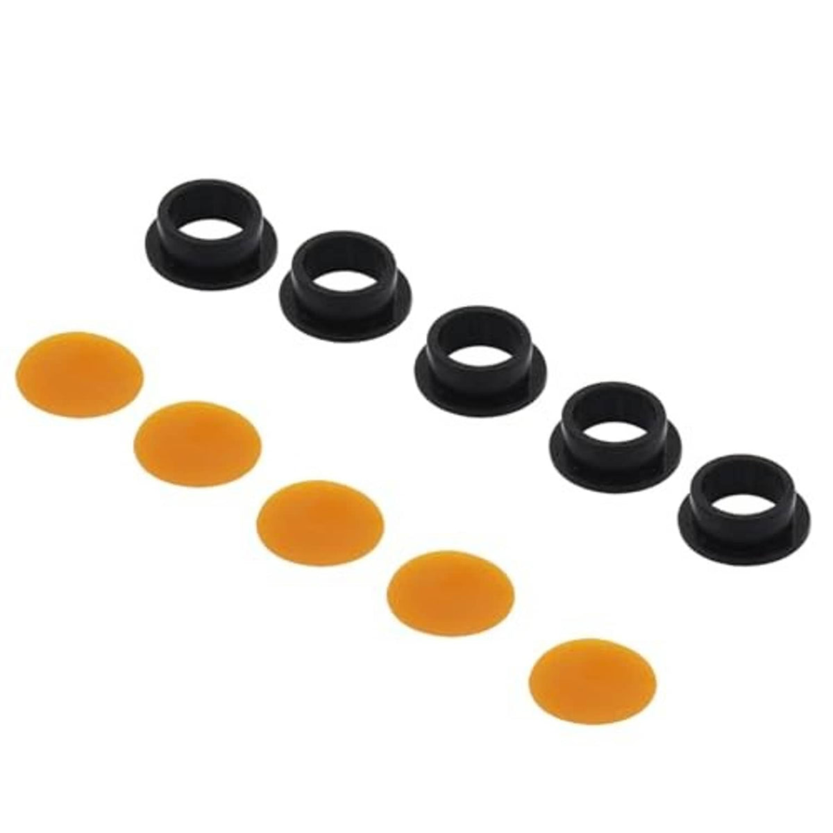 Rebuild kit components: black ring seals and orange discs in a mixed arrangement