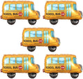 Set of 5 school bus balloons, yellow bus with blue windows, stop sign, black wheels