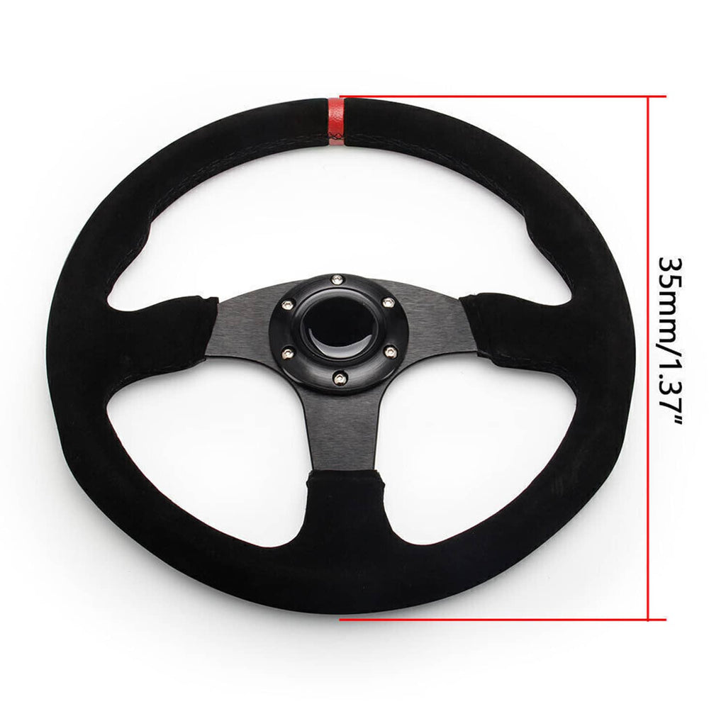 Black suede racing steering wheel with red center stripe and round horn button
