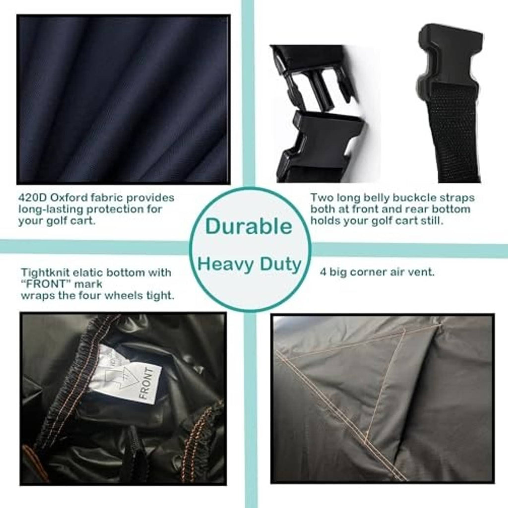 Black heavy-duty golf cart cover fabric detail with front tie strap and stitched edges
