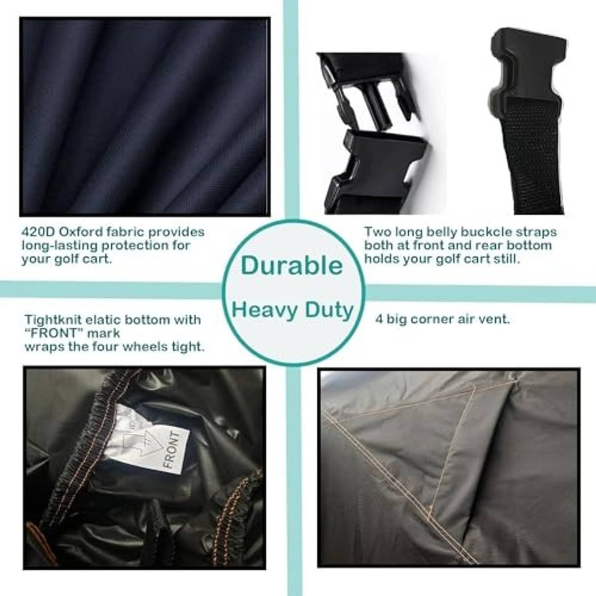 Black heavy-duty golf cart cover fabric detail with front tie strap and stitched edges