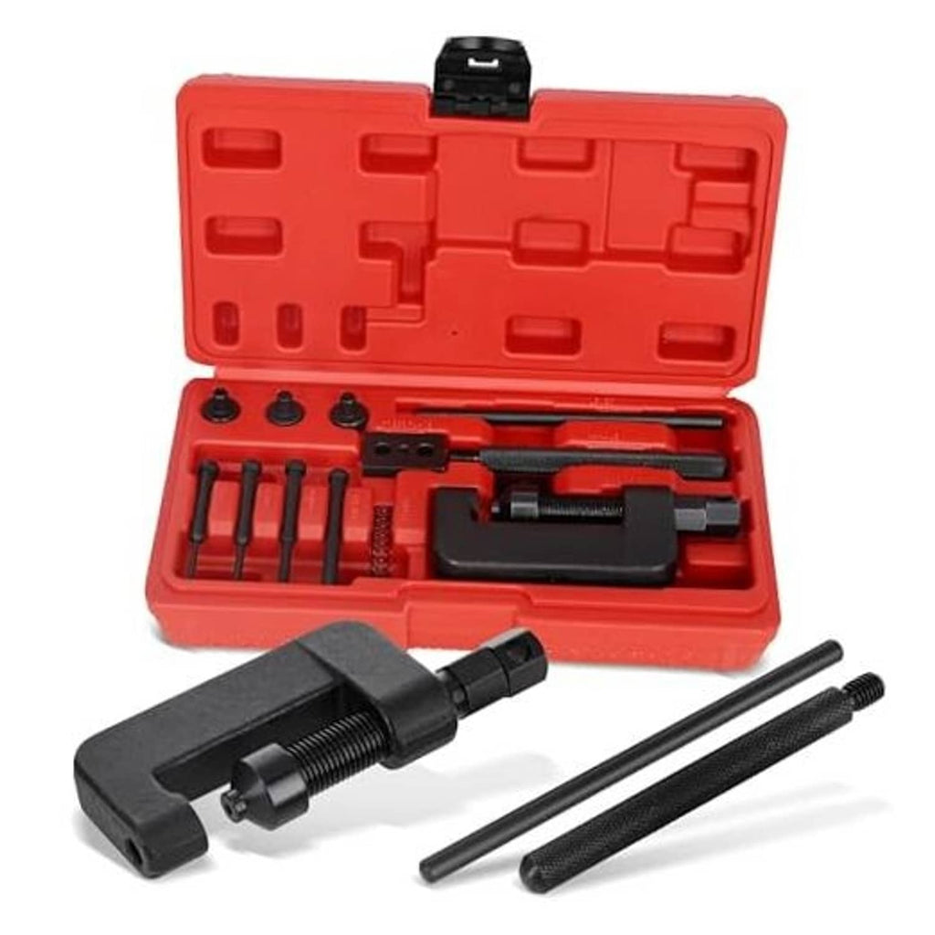 Rivet and chain breaker tool kit with red storage case and metal press tool