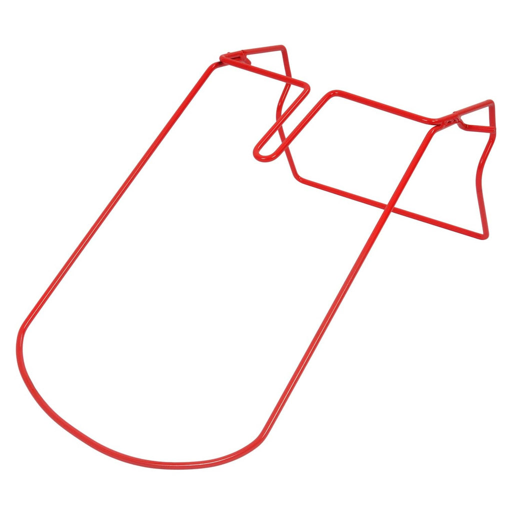 Red metal grass bag frame with curved base and handle bracket, lawn mower accessory