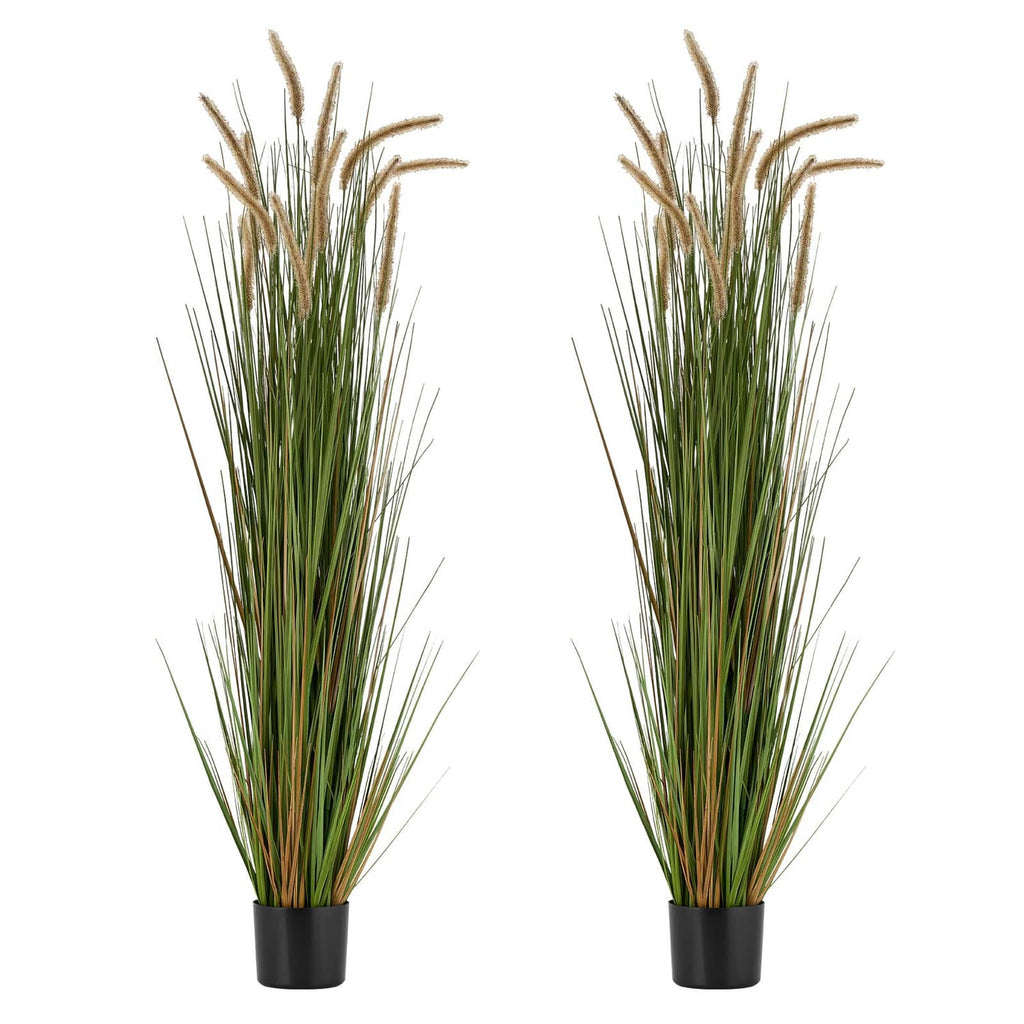 Two artificial horsetail grass plants in black plastic pots, green stems and tan plumes