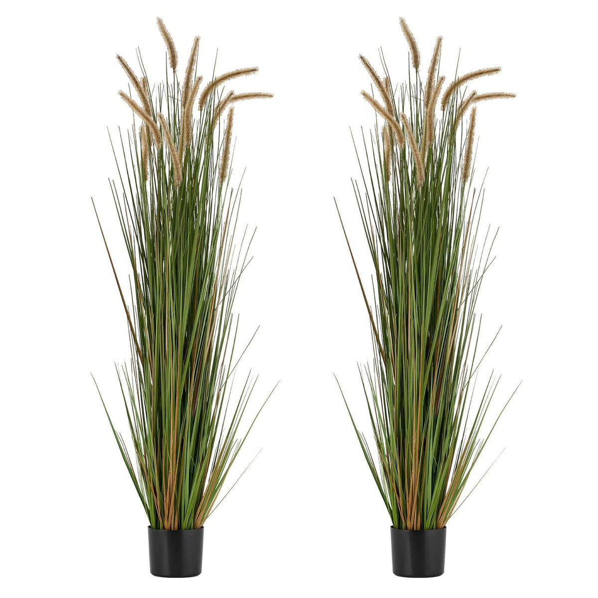 Two artificial horsetail grass plants in black plastic pots, green stems and tan plumes