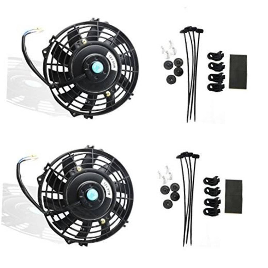 Black slim 12V electric radiator fan with circular grille and blue hub light