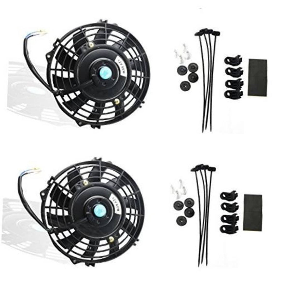 Black slim 12V electric radiator fan with circular grille and blue hub light