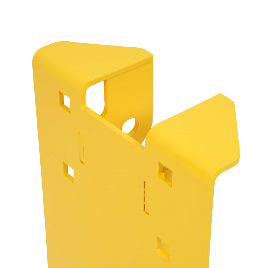 Yellow mower hitch bracket end section with large opening and small hardware slots.
