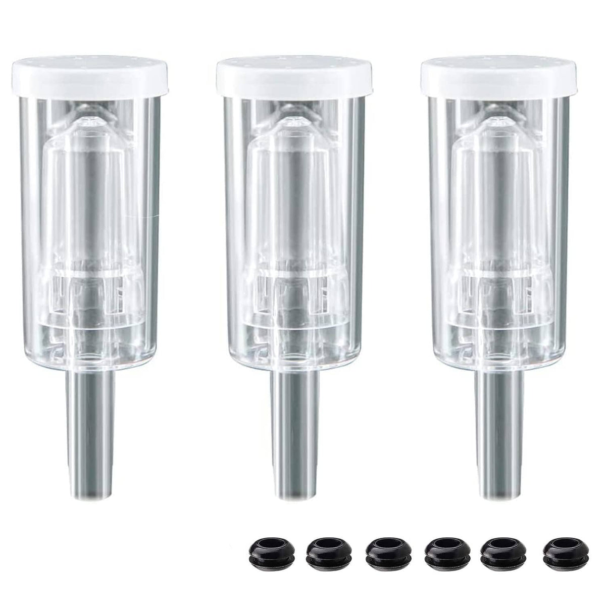 3-pack clear fermentation airlocks with vented caps and rubber grommets