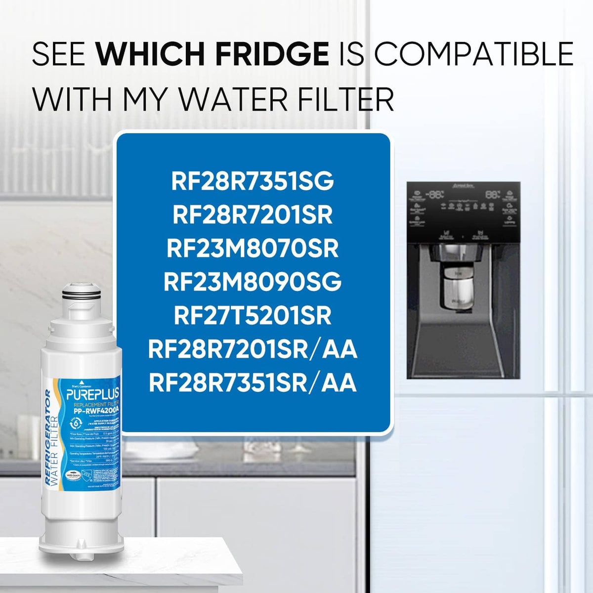 Refrigerator water filter replacement cartridge next to compatible fridge models.