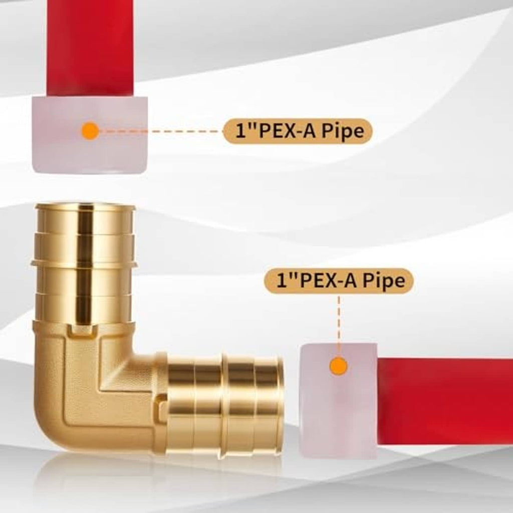 Solid brass 90-degree PEX elbow fitting connecting two 1-inch PEX lines