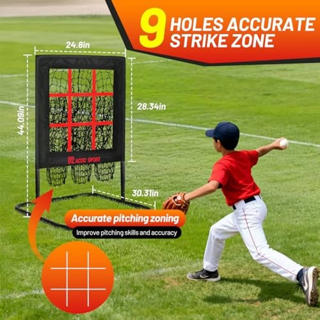 Baseball pitching net with red strike-zone grid and black square frame with target lines.