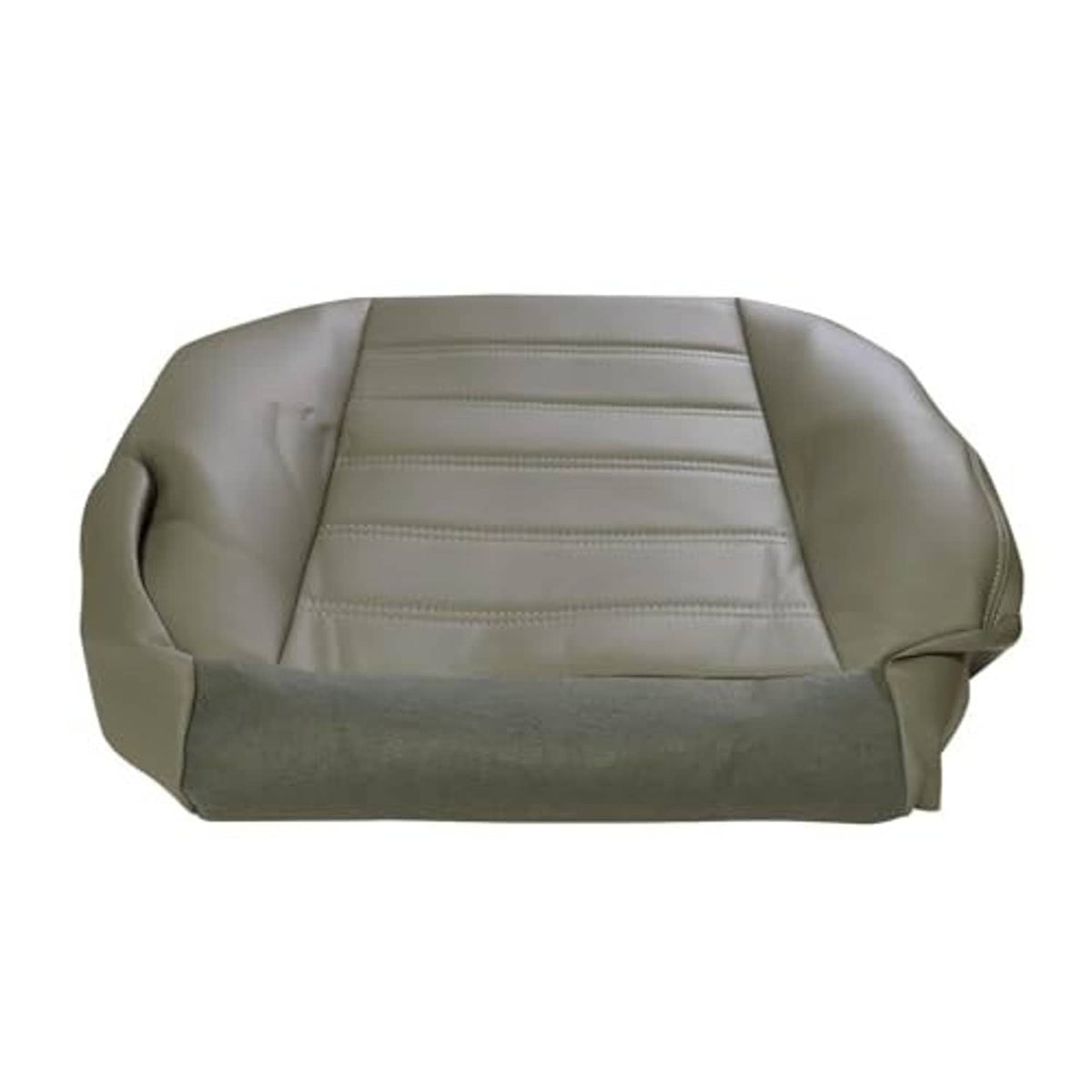 Gray synthetic leather seat cover with padded bolsters and horizontal stitched back panel