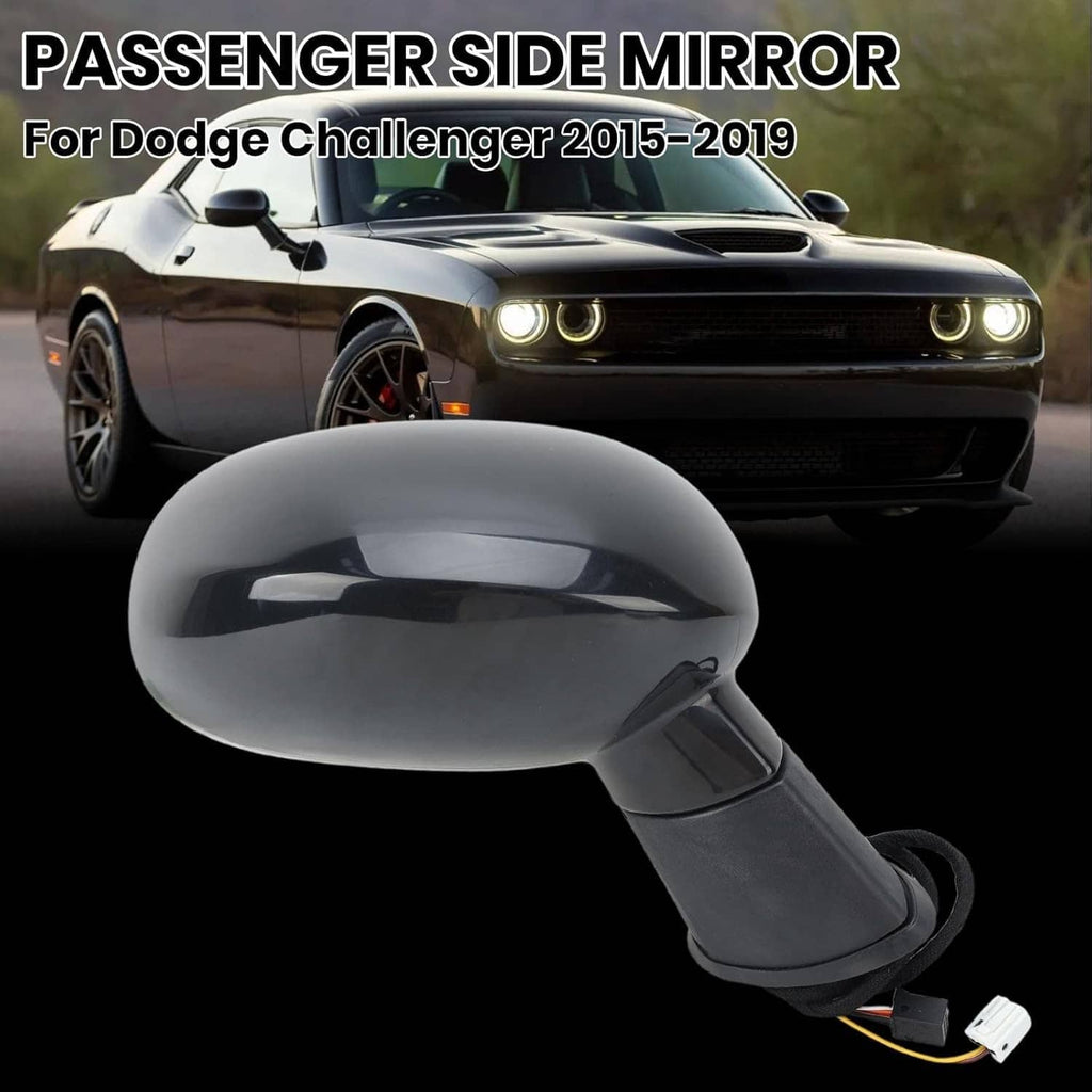 Black passenger side mirror with heated glass and streamlined housing, ready to install